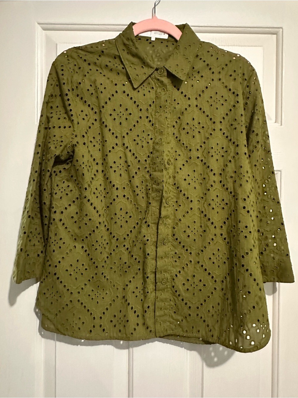 Zara Olive Eyelet Button-Down Shirt